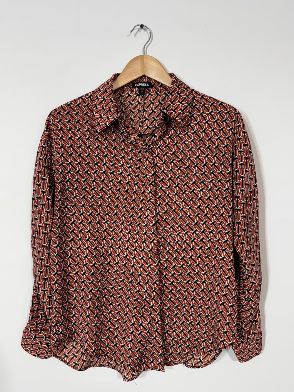 WSH51 {Express} Portofino Orange Blue Print Long Sleeve Button Down Blouse Shirt